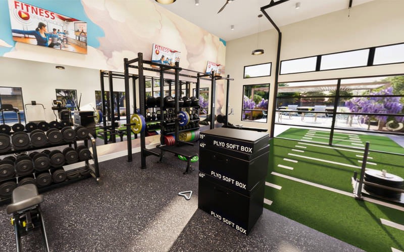 fitness center with clear, garage door windows